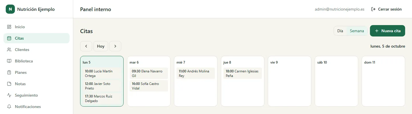 Captura real de la agenda semanal con la marca verde «Nutrición Ejemplo».