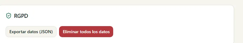 Bloque RGPD de la ficha del paciente con los botones «Exportar datos (JSON)» y «Eliminar todos los datos».